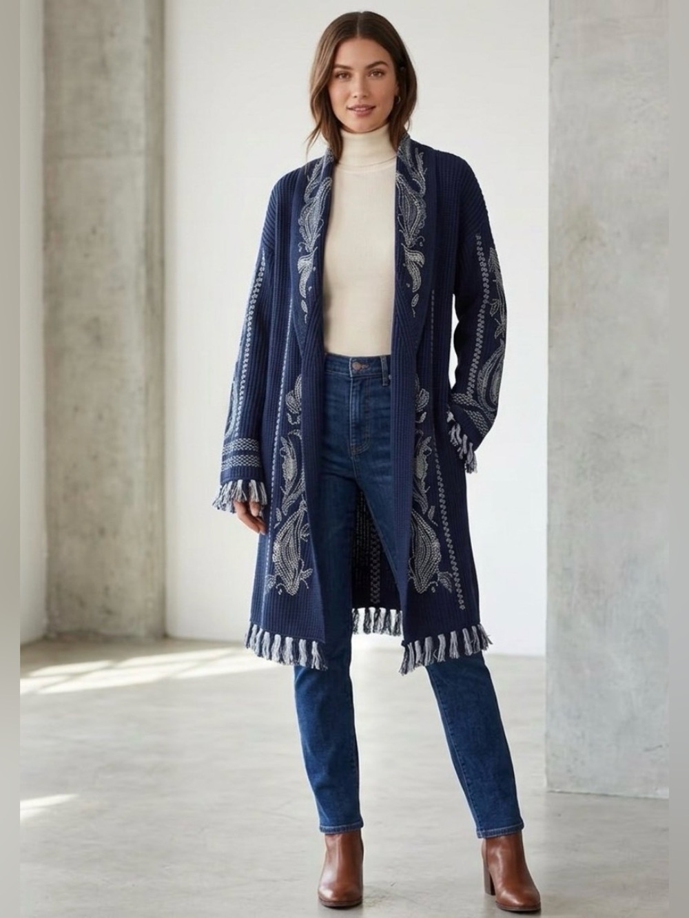 Read- INC International Concepts Embroidered Fringe Open-Front Cardigan S
